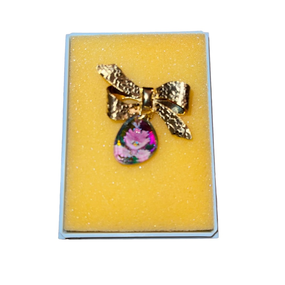 Rare Reverse Carved Czech Glass Rose Intaglio Charm Brooch - Gold Bow Accent